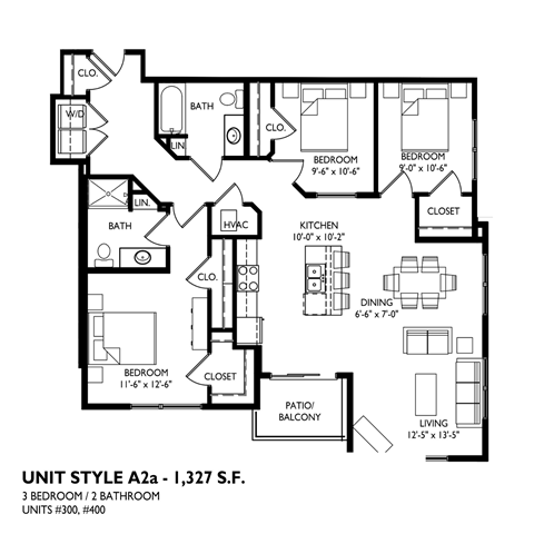 A black and white image of a floor plan for a unit style A2a - 1,327 S.F.